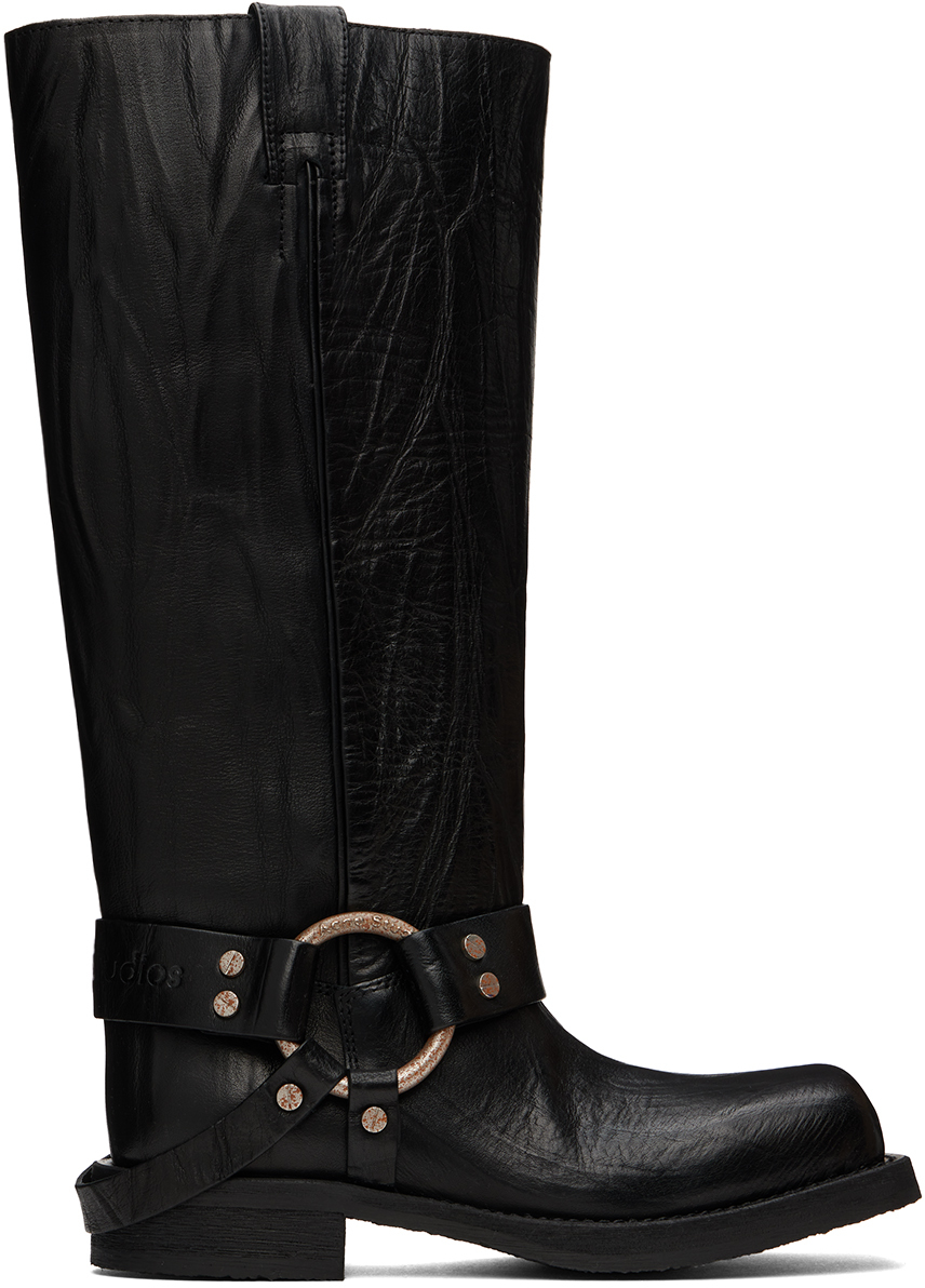 Black Leather Buckle Tall Boots