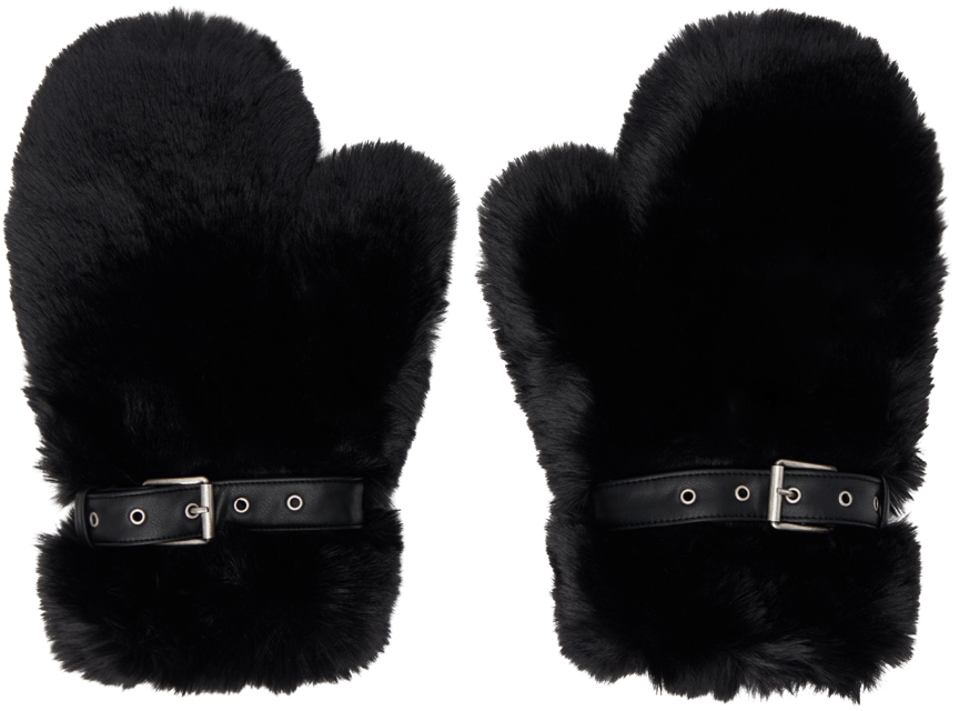 Black Fluffy Buckle Mittens