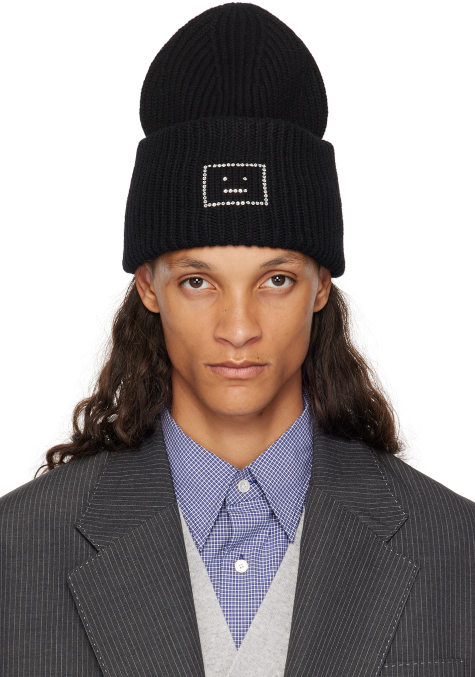 Shop Acne Studios ブラック Embellished Face Logo ビーニー In 900 Black