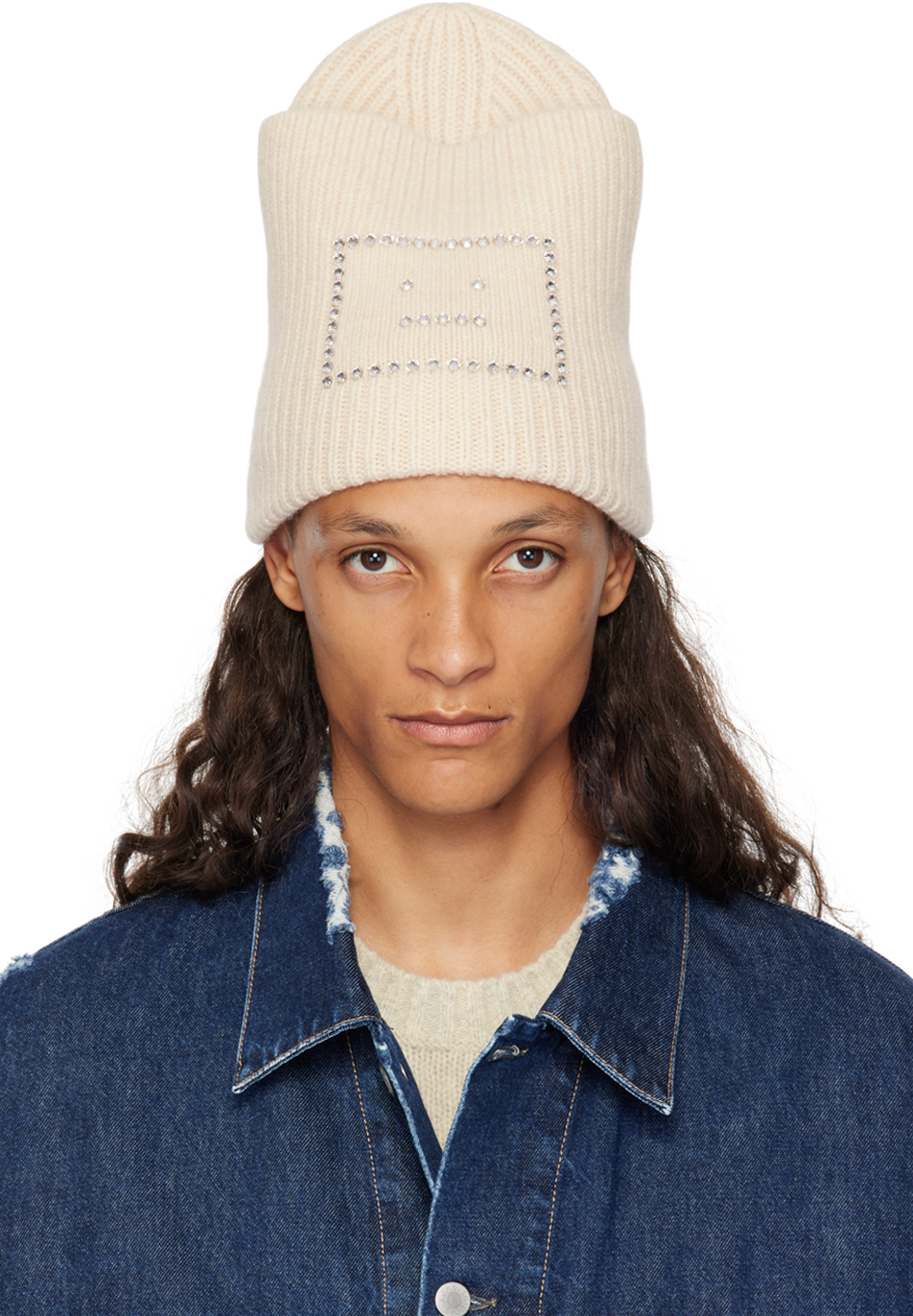 Shop Acne Studios Beige Embellished Face Square Beanie In 633 Oatmeal Melange