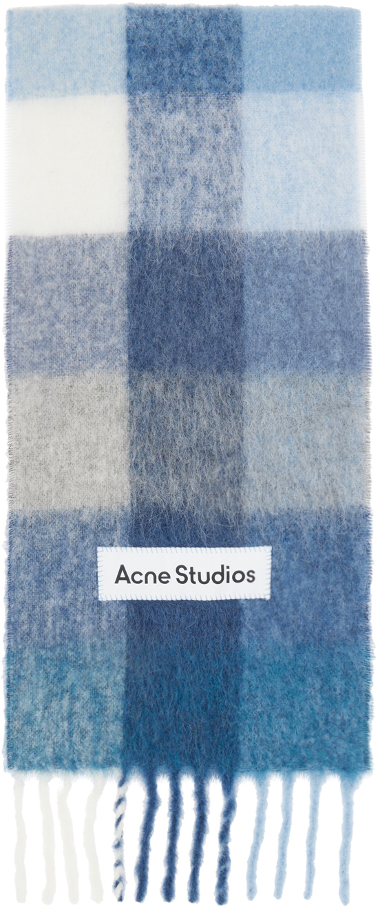 Shop Acne Studios ブルー モヘア チェック マフラー In Dqf Indigo/grey/ligh