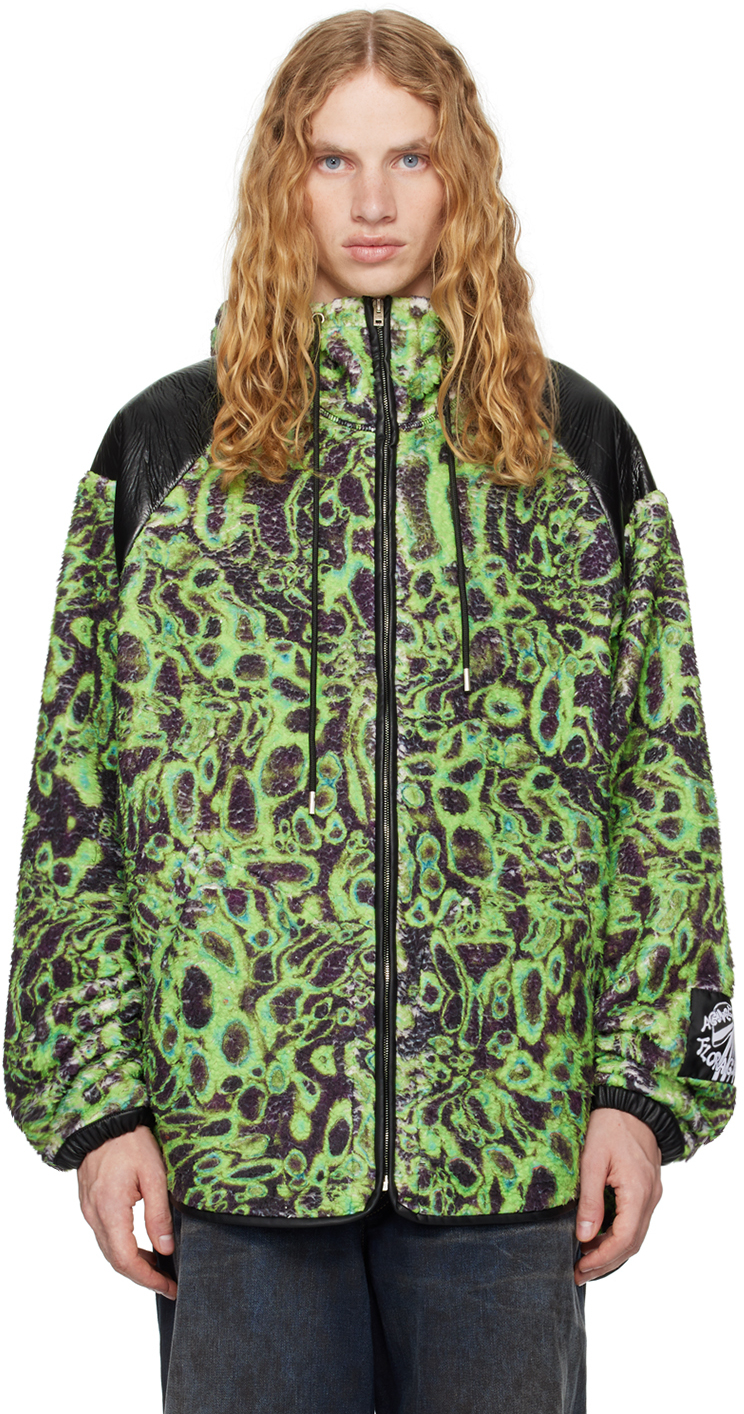 Green & Black Printed Fleece Hooded Jacket