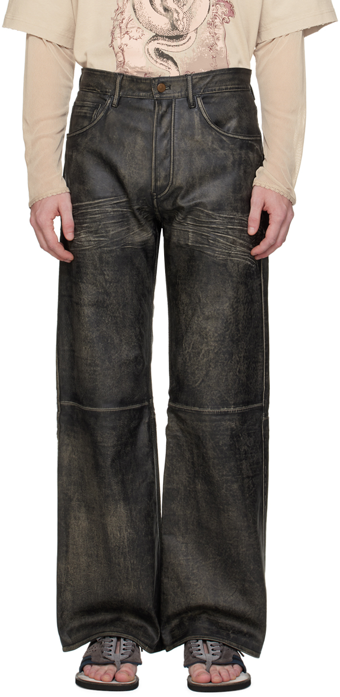 Black Faded Leather Pants