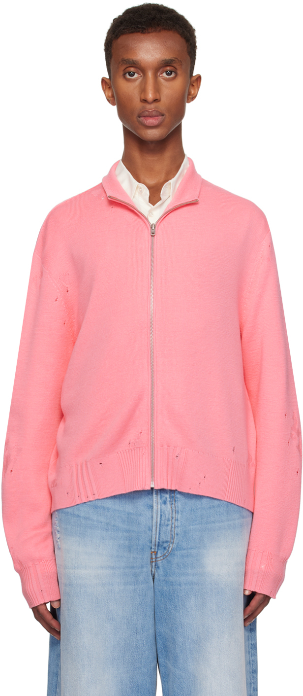 Shop Acne Studios Pink Distressed Zip Cardigan In 415 Pink