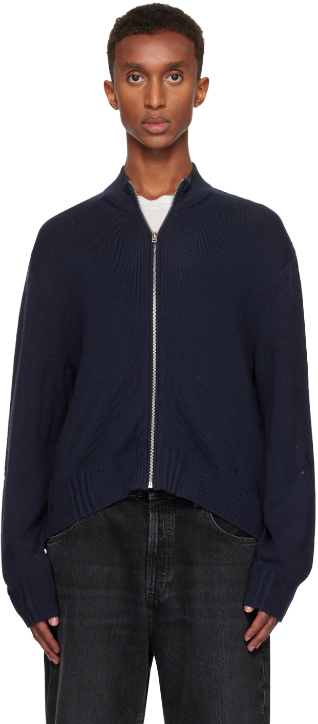 Acne Studios Navy Distressed Zip Cardigan In Bg3 Navy