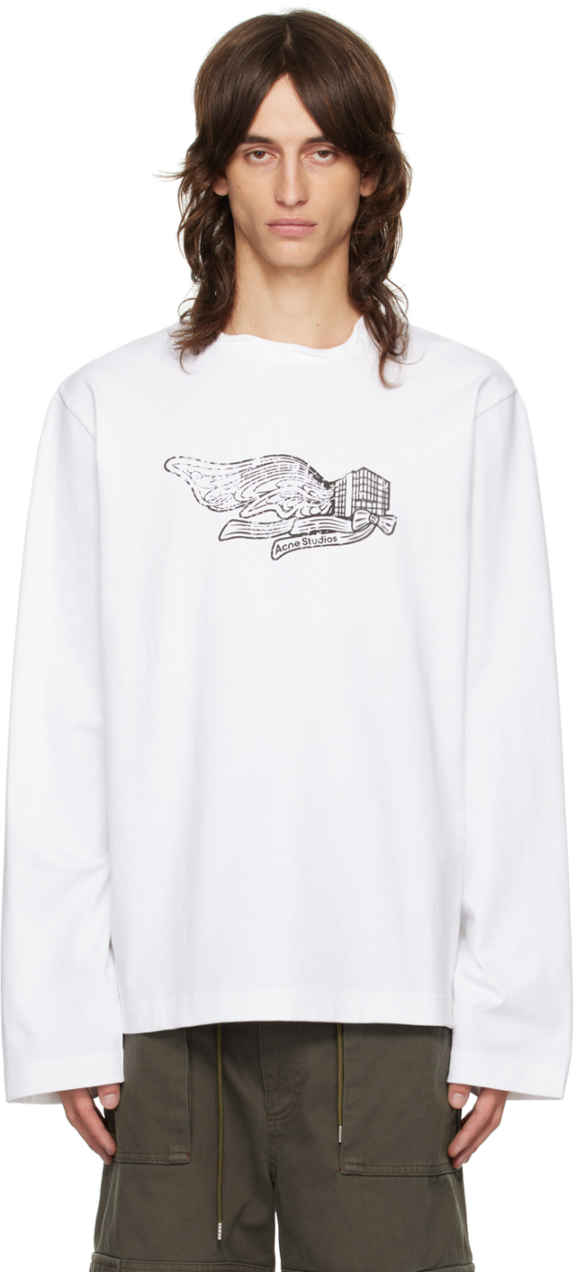 White Printed-Logo Long Sleeve T-Shirt