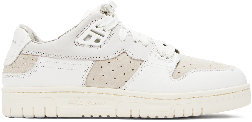 White & Beige Low Top Leather Sneakers