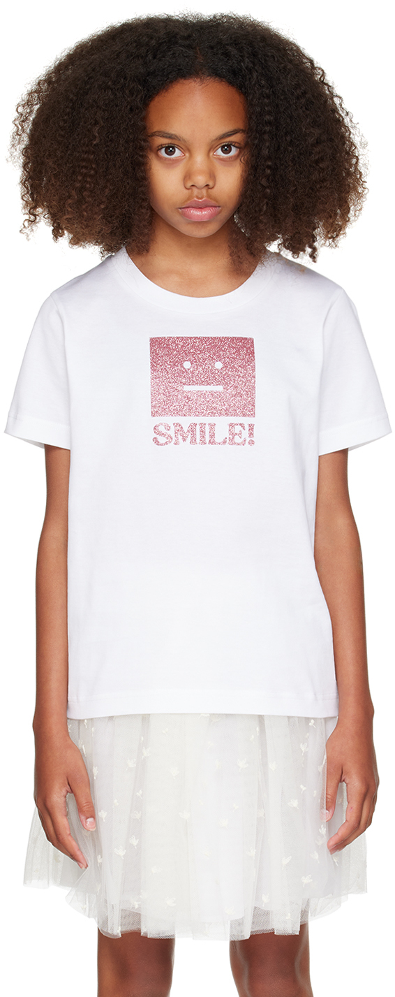 Acne Studios Kids White Glittered Logo T-shirt In Optic White