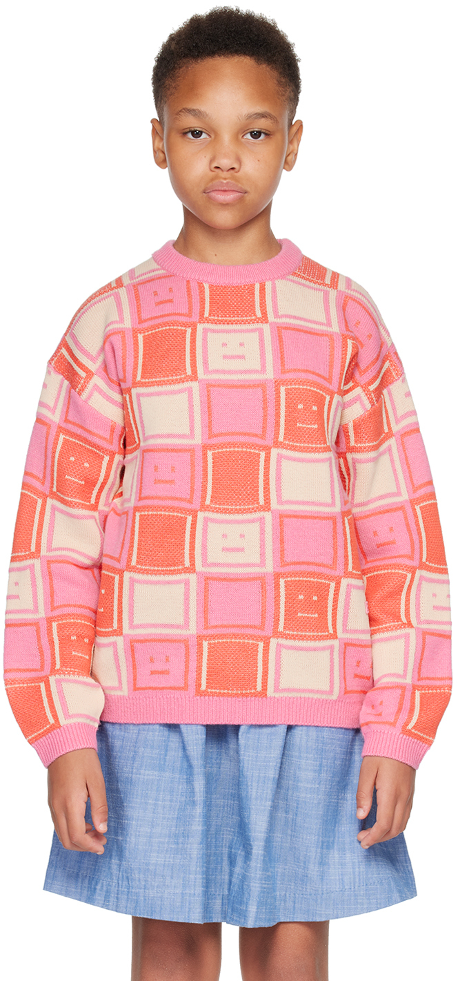 Shop Acne Studios Kids Pink Check Sweater In Rusty Orange/tango P