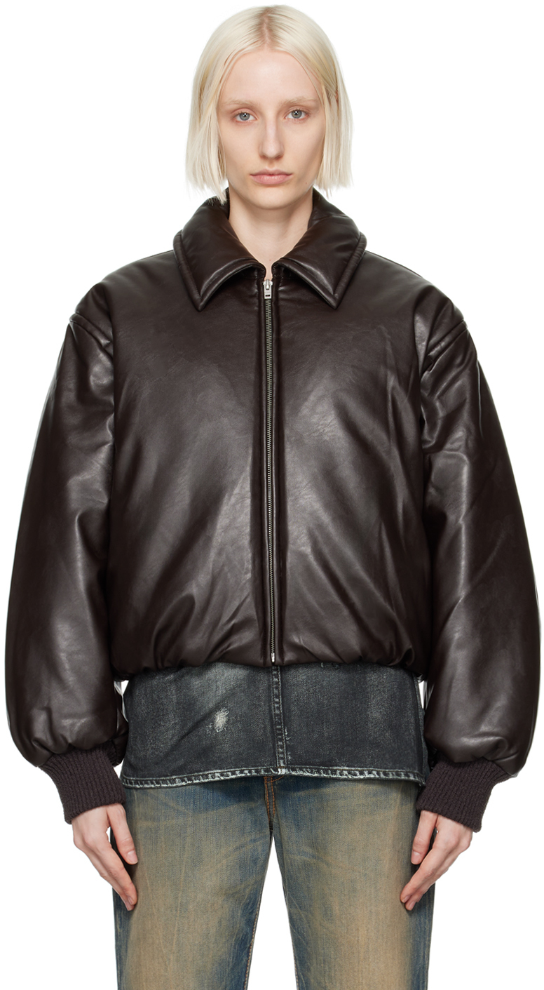 acne studios brown coated faux-leather bomber jacket