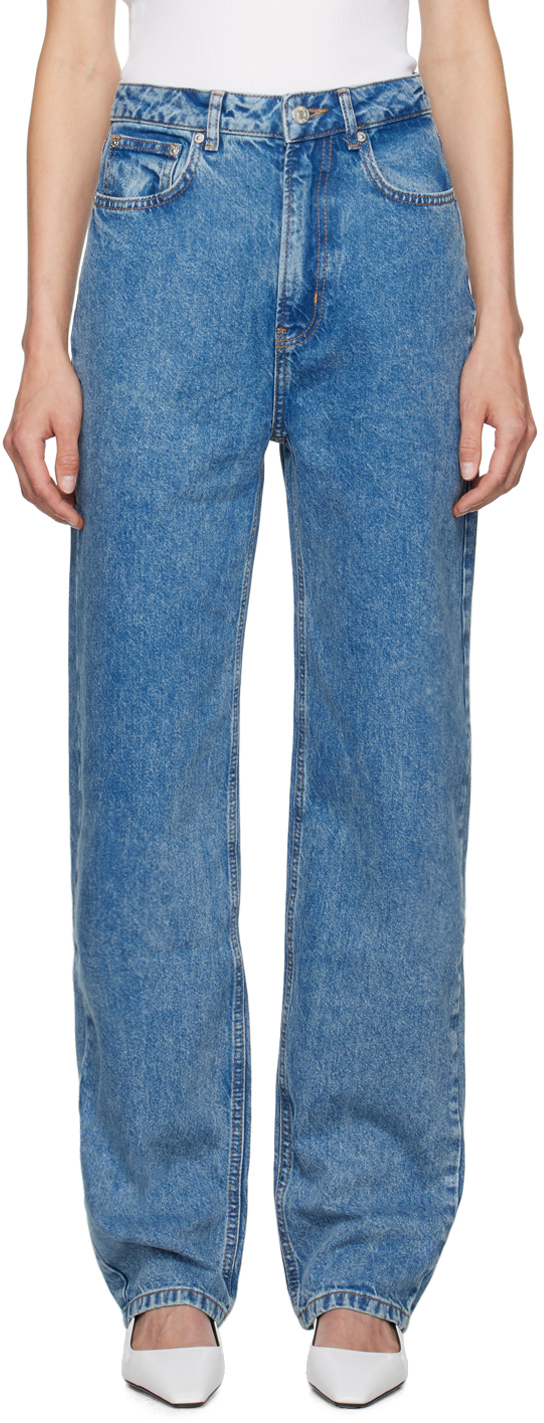 Blue Peace Symbol Flared Jeans by Moschino Jeans on Sale