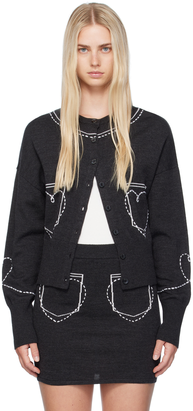 Moschino Jeans Embroidered Wool Cardigan In Grey
