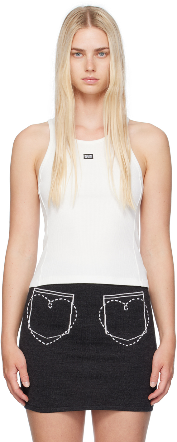 Shop Moschino Jeans White Patch Tank Top In 1002 Fantasia Bianco