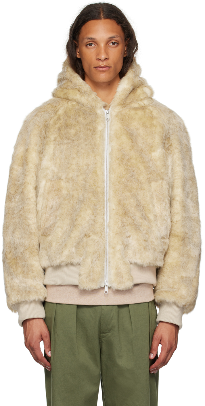 Beige Hooded Faux-Fur Jacket