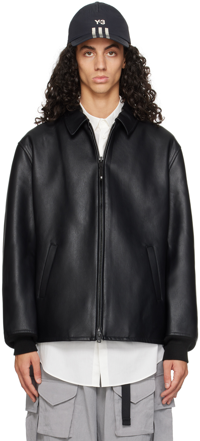 Black Loose-Fit Faux-Leather Bomber Jacket