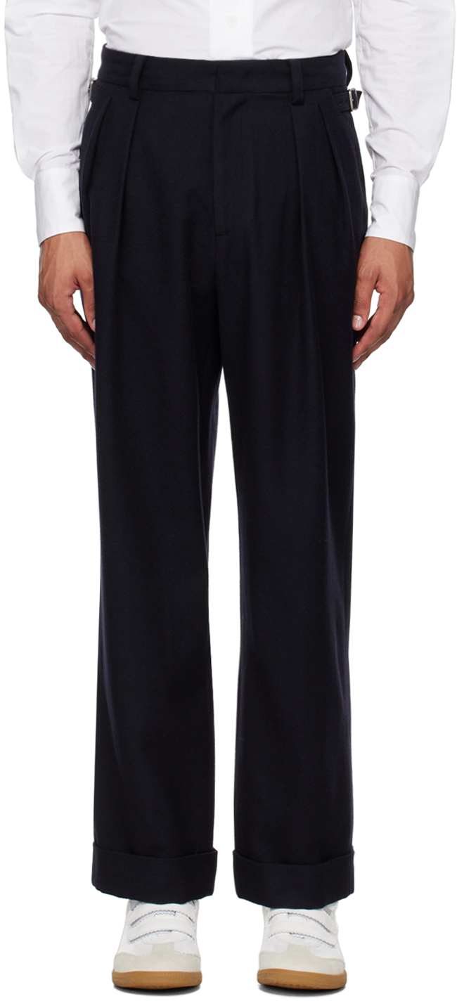 Shop After Pray Navy Pleated Trousers