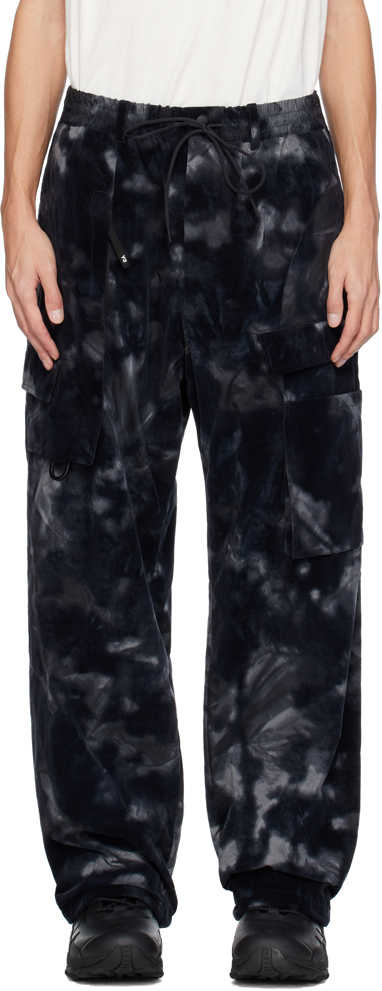 Y-3 BLACK ALLOVER PRINT NYLON SHELL CARGO PANTS 