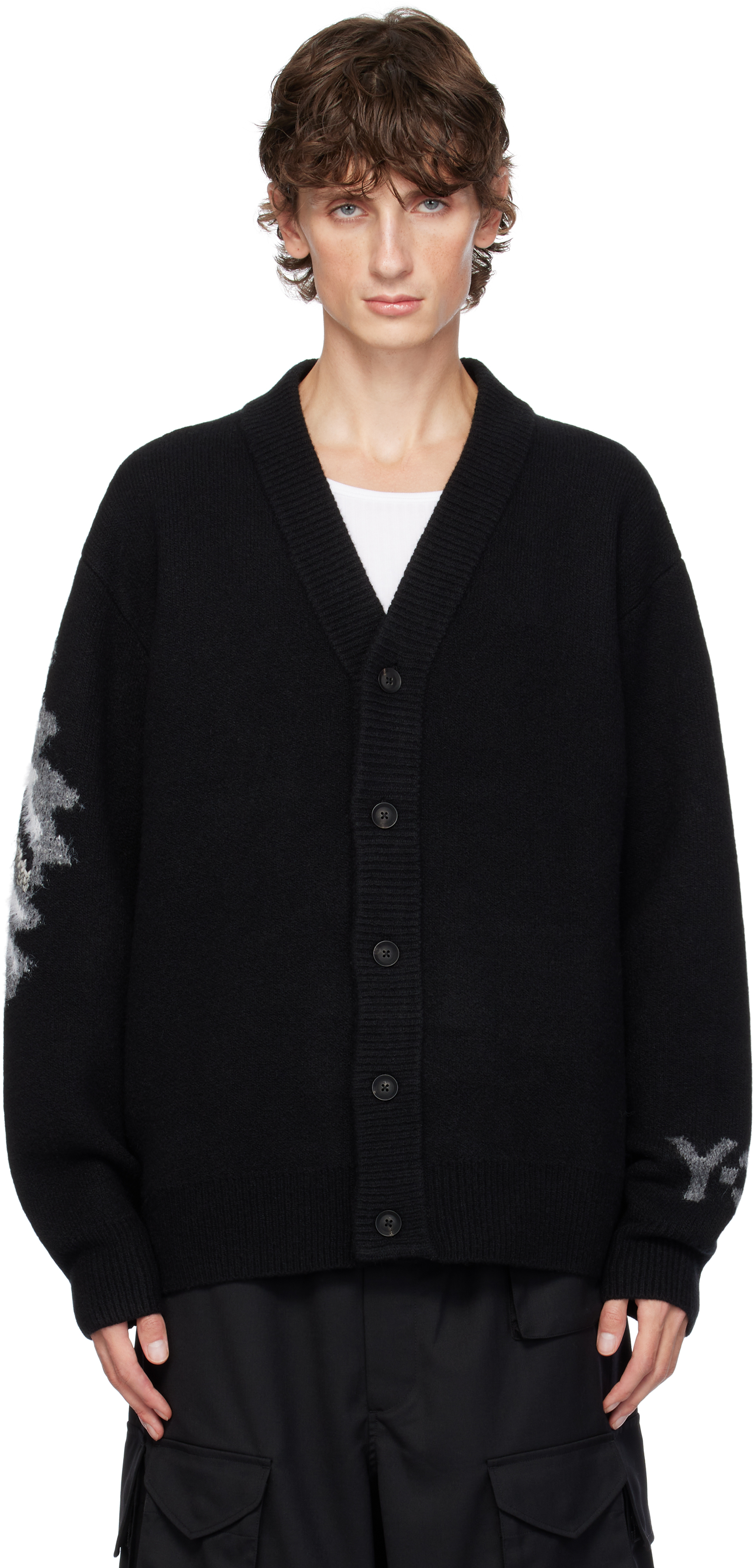 Y-3 BLACK GRAPHIC KNIT CARDIGAN 