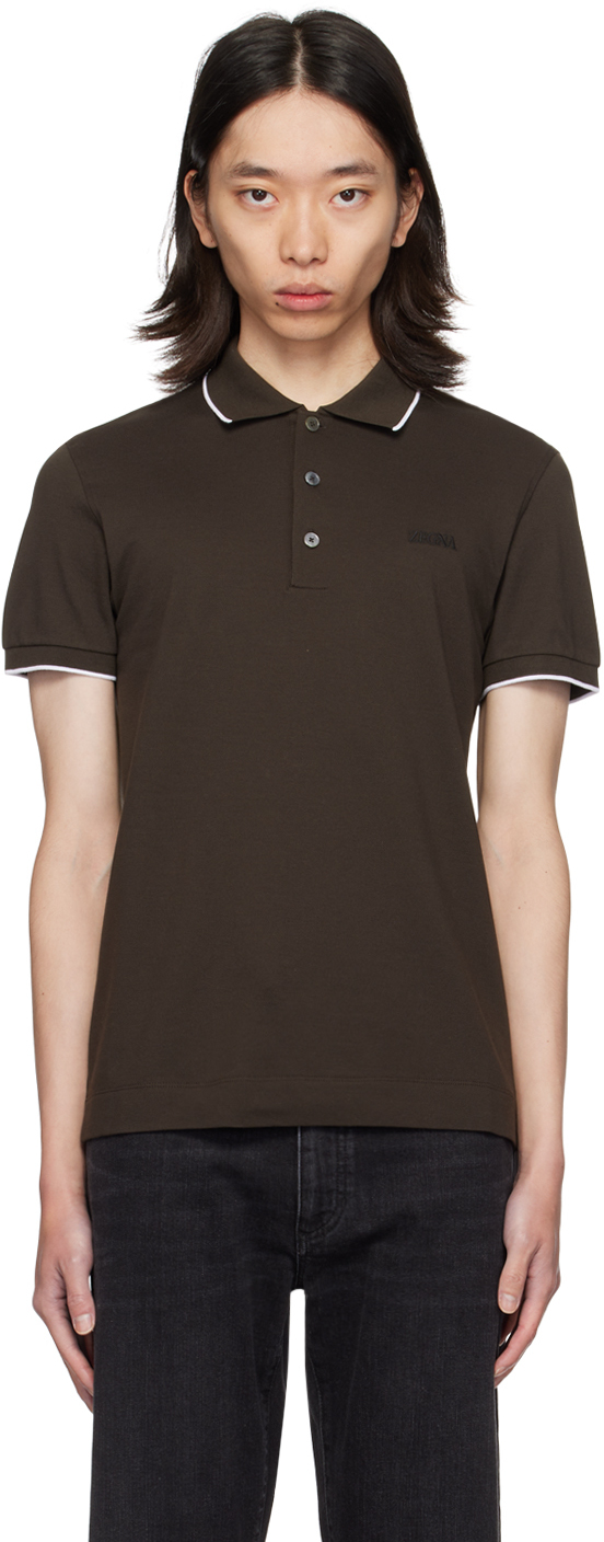 Shop Zegna Brown Embroidered Logo Polo In M09 Dark Brown