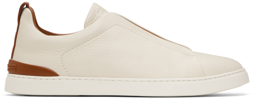 Shop Zegna Off-white Deerskin Triple Stitch Sneakers In Spa Pumice White