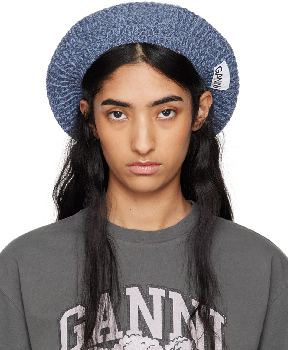 GANNI: Blue Wool Rib Knit Beret | SSENSE