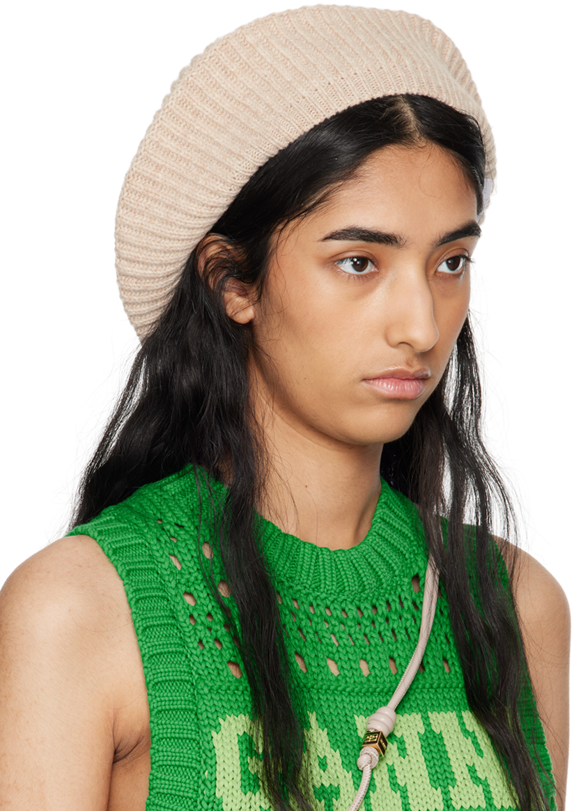 GANNI BEIGE WOOL RIB KNIT BERET