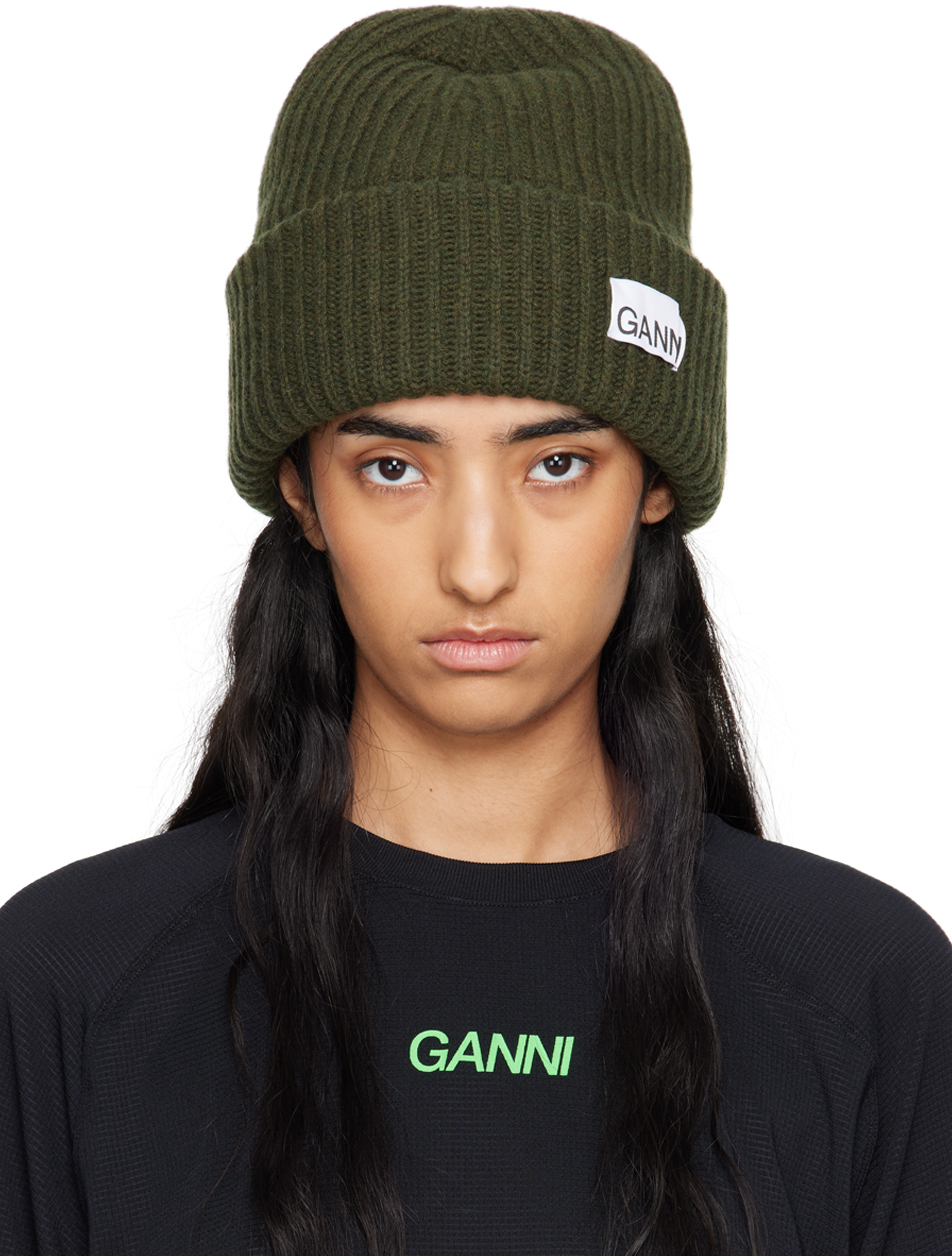 Green Oversized Wool Rib Knit Beanie by GANNI on Sale