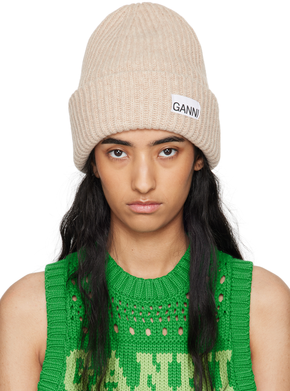 GANNI: Beige Oversized Wool Rib Knit Beanie | SSENSE