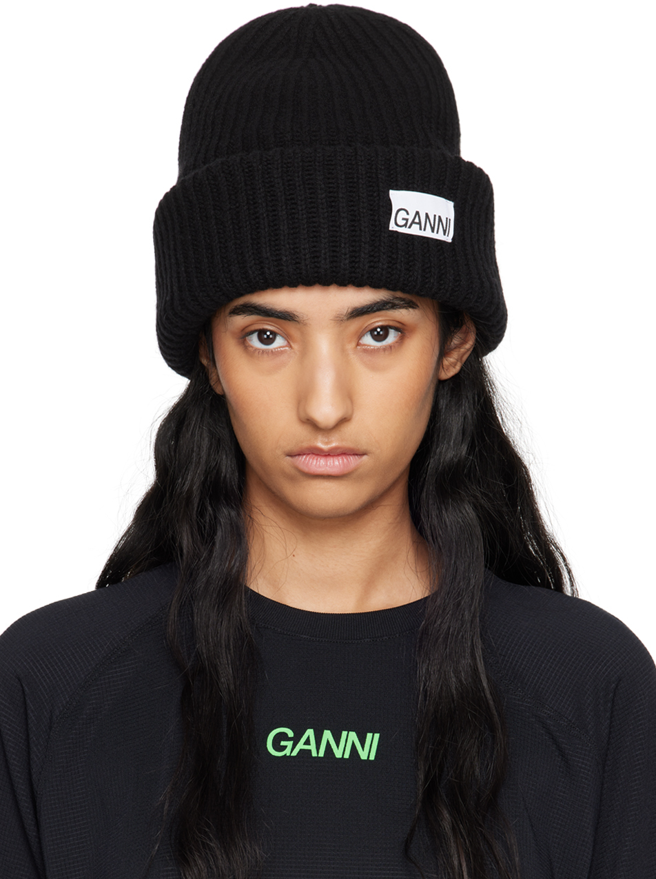 Shop Ganni ブラック ウール リブニット オーバーサイズ ビーニー In 099 Black