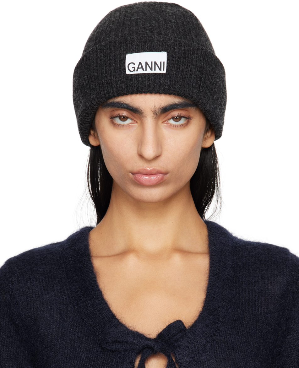 GANNI: Gray Fitted Wool Rib Knit Beanie | SSENSE Canada