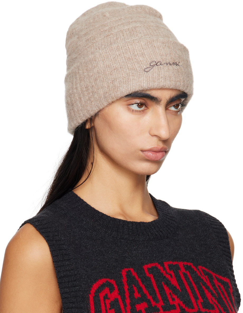 Ganni Taupe Soft Wool Beanie In 859 Almond Milk