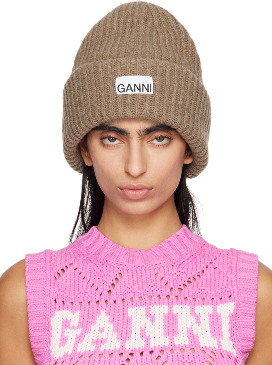 Shop Ganni Taupe Oversized Wool Rib Knit Beanie In 177 Tiger's Eye