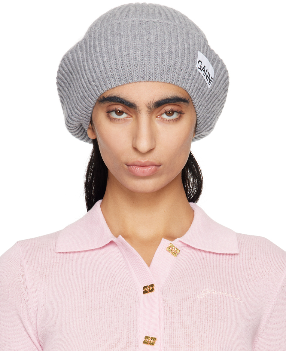 GANNI GRAY WOOL RIB KNIT BERET 