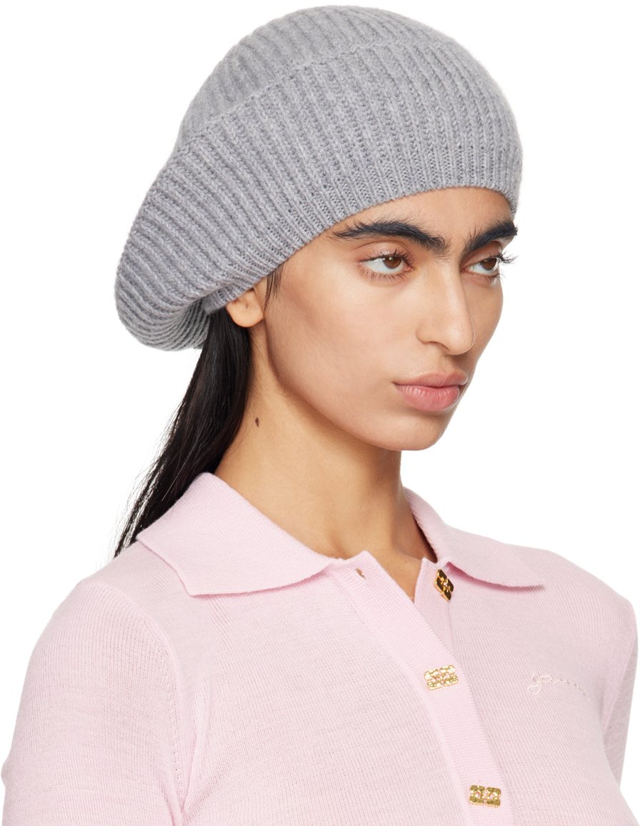 Ganni Gray Wool Rib Knit Beret In 921 Paloma Melange