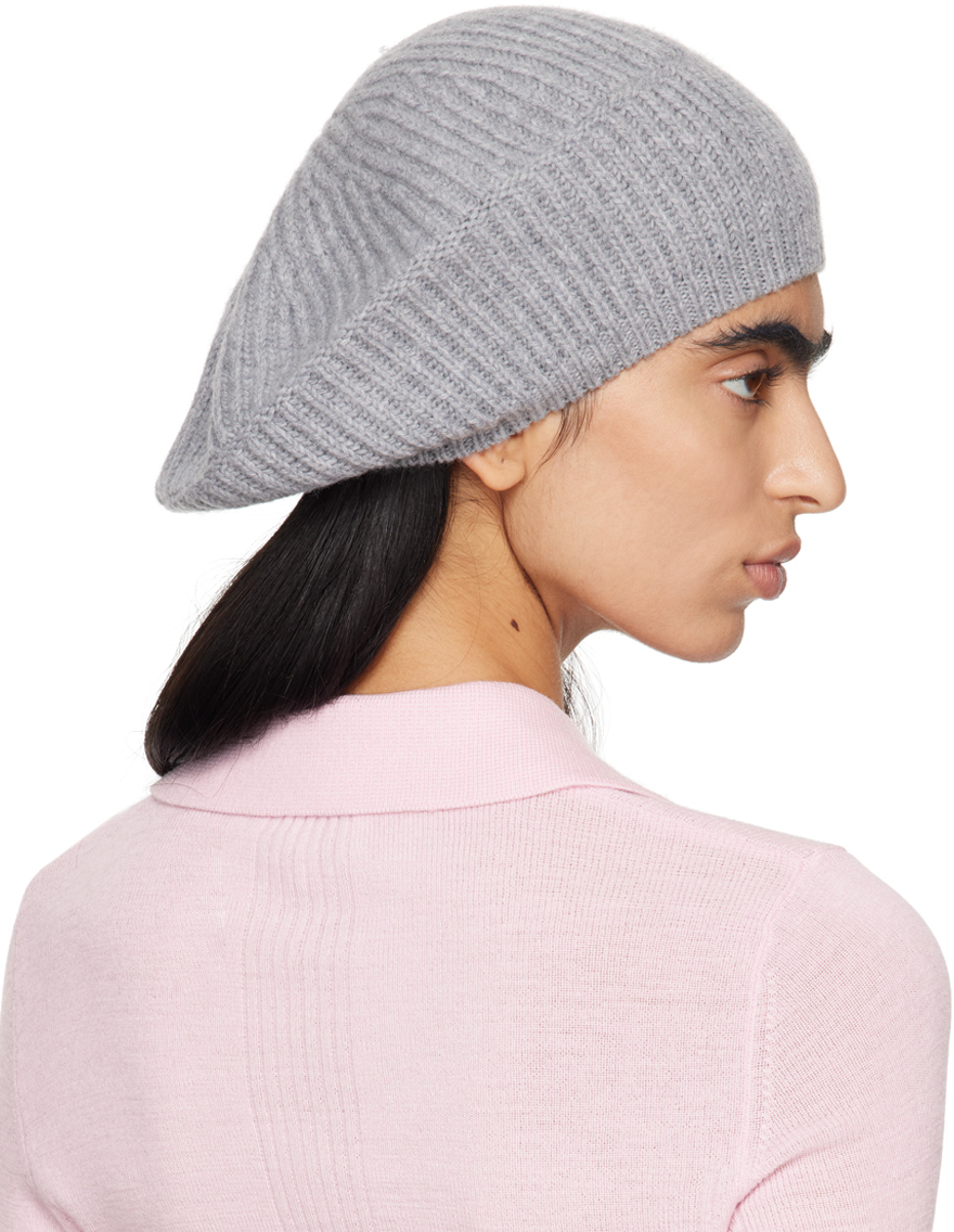 Ganni Gray Wool Rib Knit Beret In 921 Paloma Melange