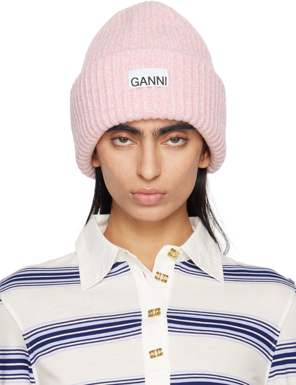 Shop Ganni ピンク オーバーサイズ ウール リブニット ビーニー In 395 Lilac Sachet