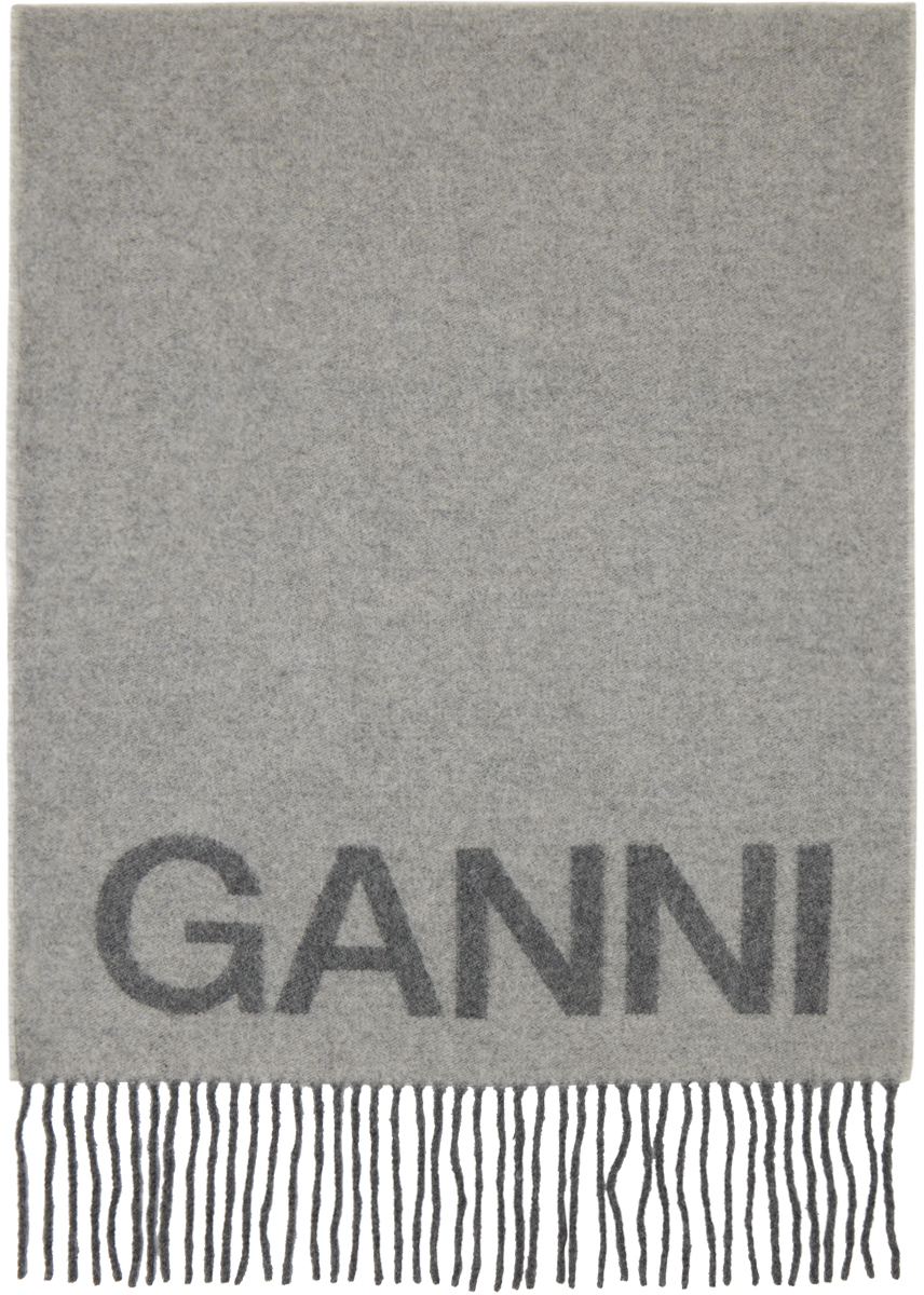 Shop Ganni グレー ウール フリンジ マフラー In 523 Frost Gray