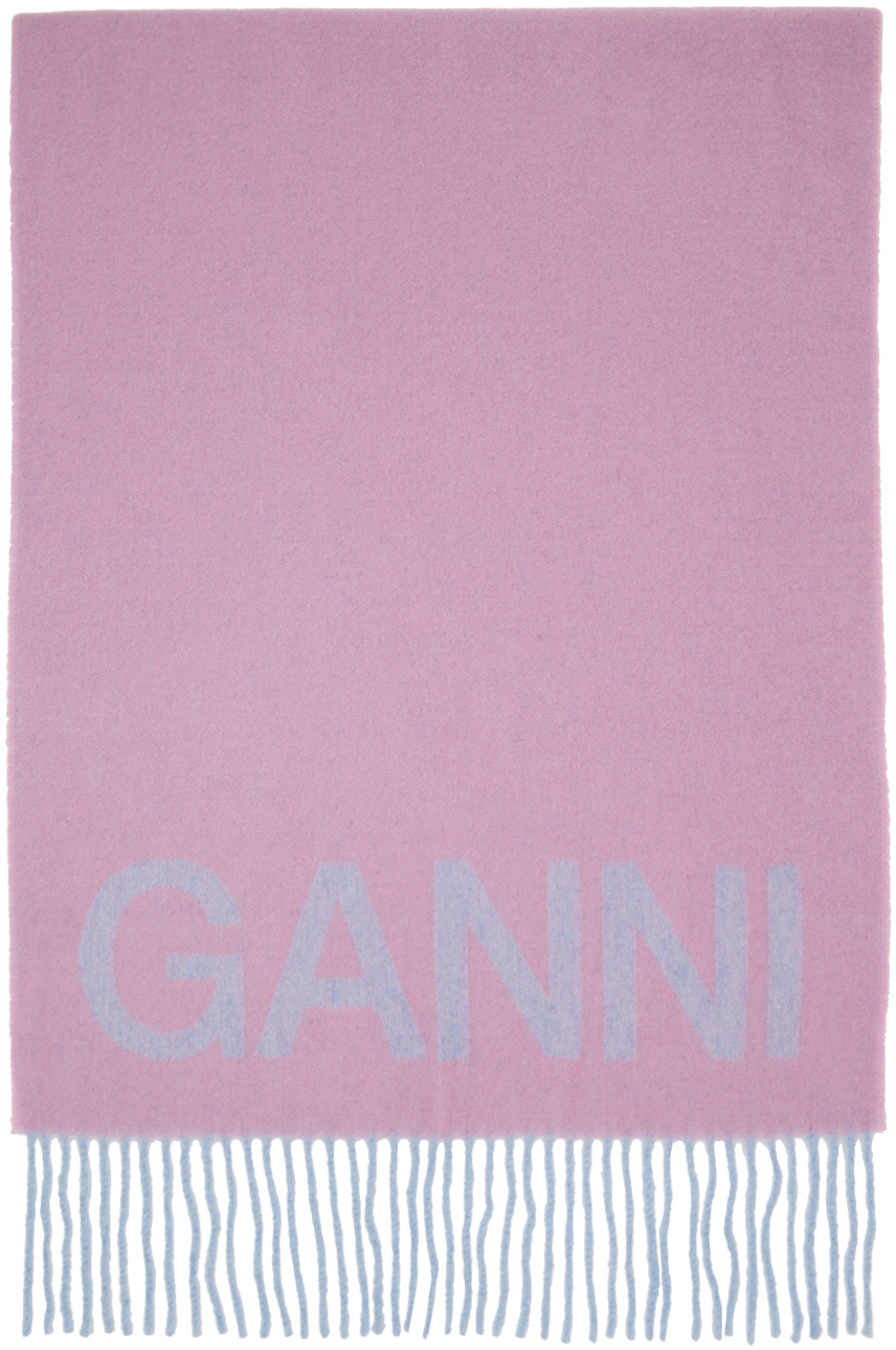 Shop Ganni パープル＆ピンク フリンジ ウール マフラー In 733 Lilac Chiffon