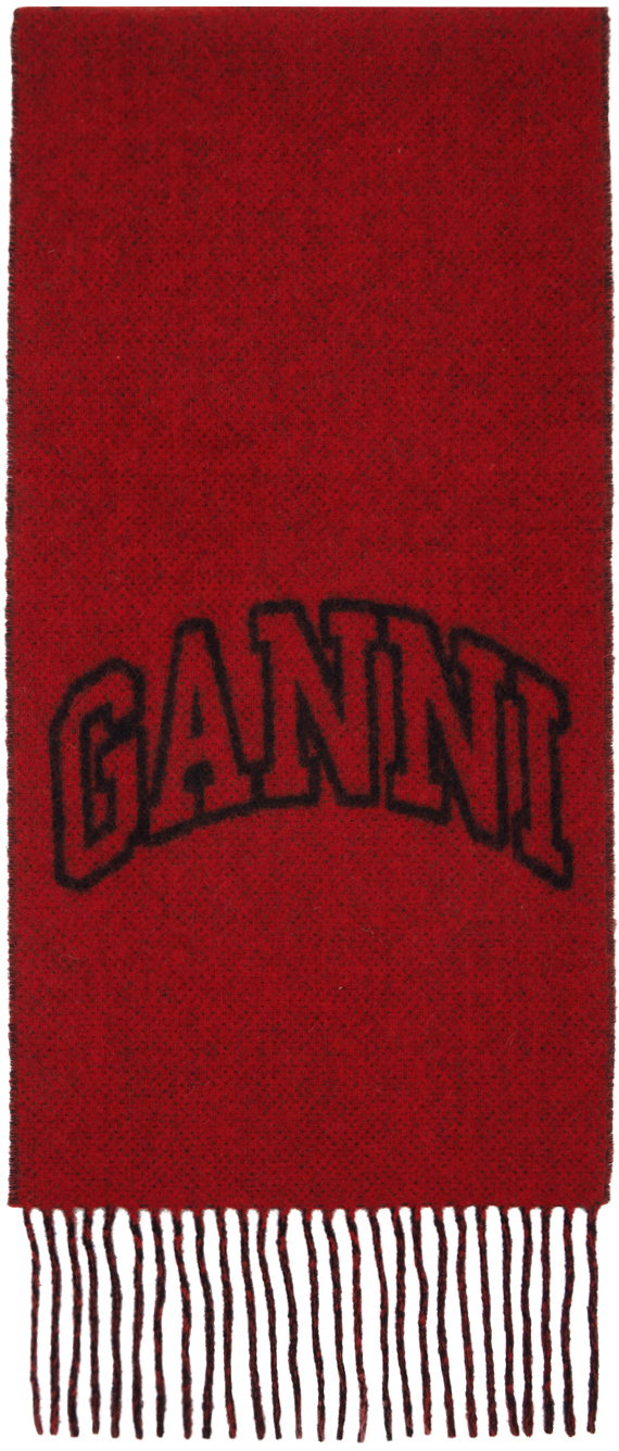 Shop Ganni Red Fringed Wool Scarf In 047 Winery