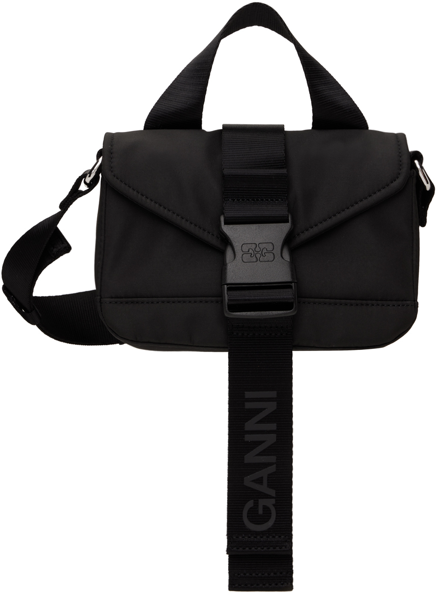 Shop Ganni Black Tech Mini Satchel Bag In 099 Black