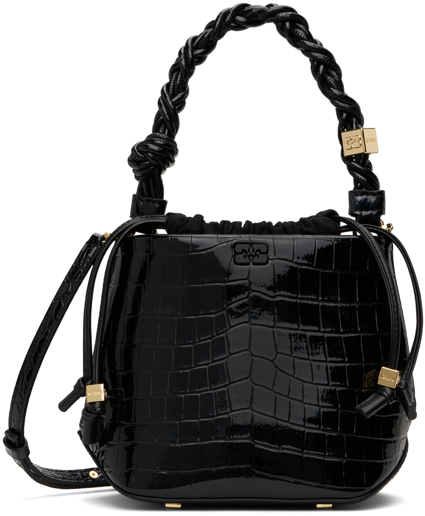 Shop Ganni ブラック Bou クロコエンボス パテント バケットバッグ In 099 Black