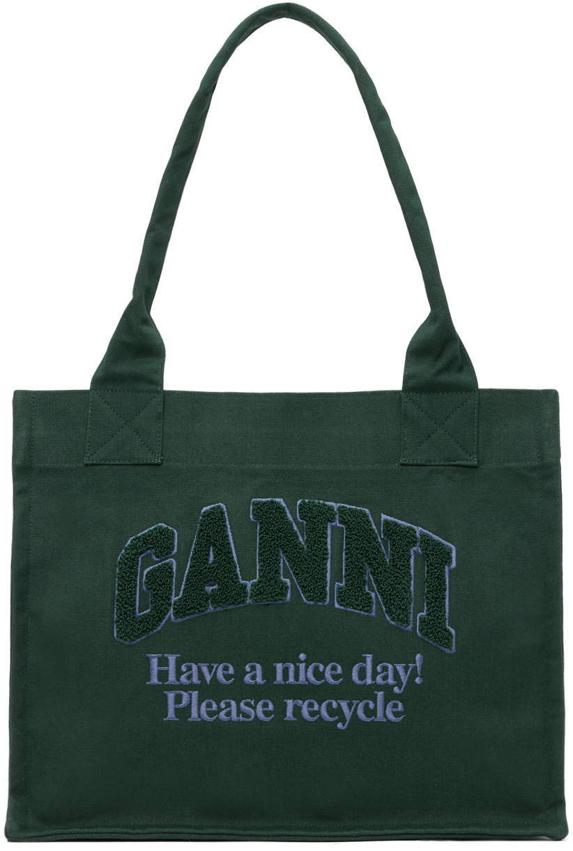 Shop Ganni Green Large Canvas Tote In 809 Forest Night