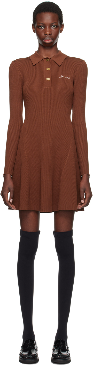 Shop Ganni Brown Rib Minidress In 470 Madder Brown