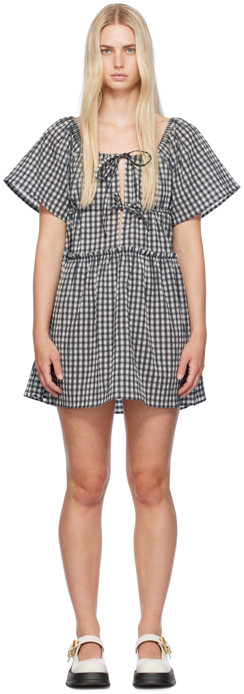 Shop Ganni Off-white & Gray Check Minidress In 135 Egret