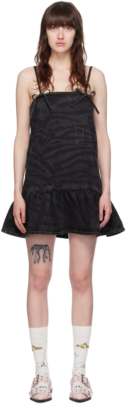 Shop Ganni Black Bow Denim Minidress In 099 Black