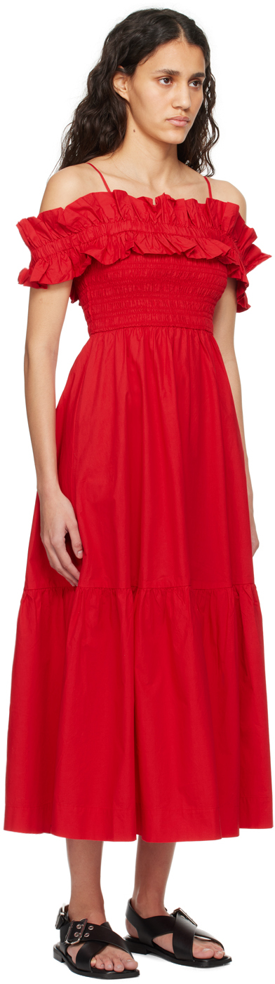 Shop Ganni Red Smock Midi Dress In 474 Racing Red