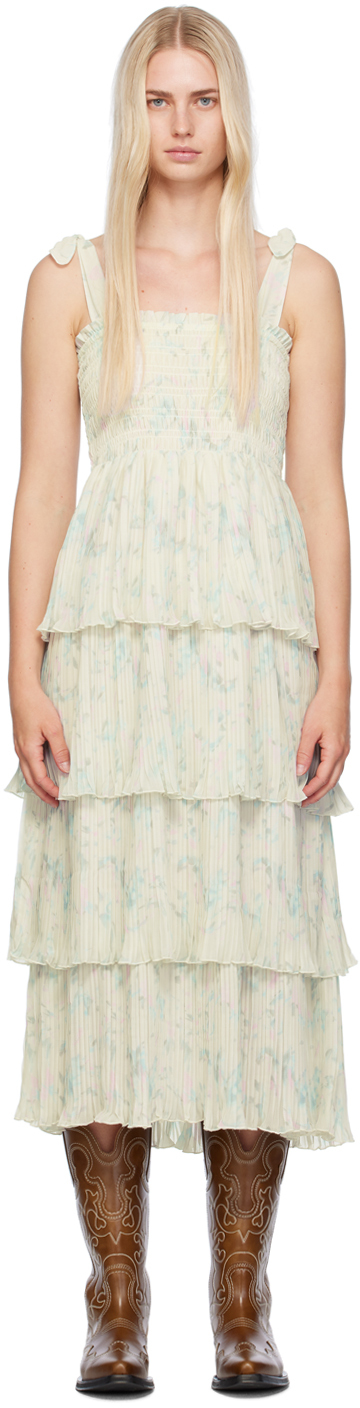 Ganni Green Floral Midi Dress In 795 Tofu