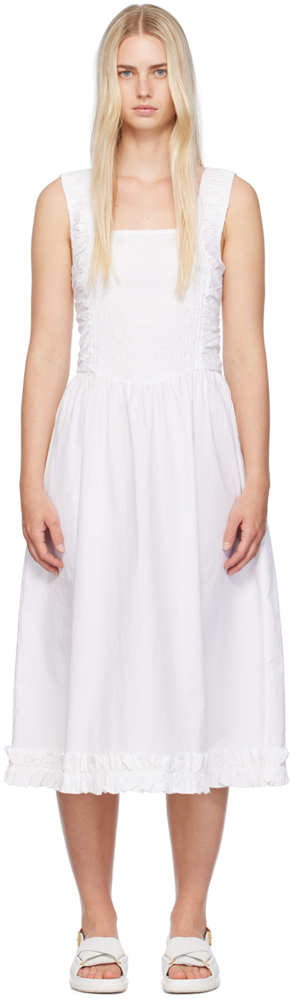 GANNI: White Shirred Midi Dress | SSENSE