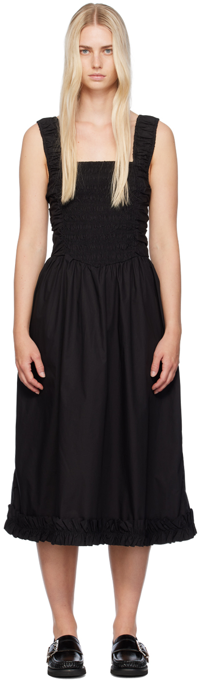 Shop Ganni Black Shirred Midi Dress In 099 Black