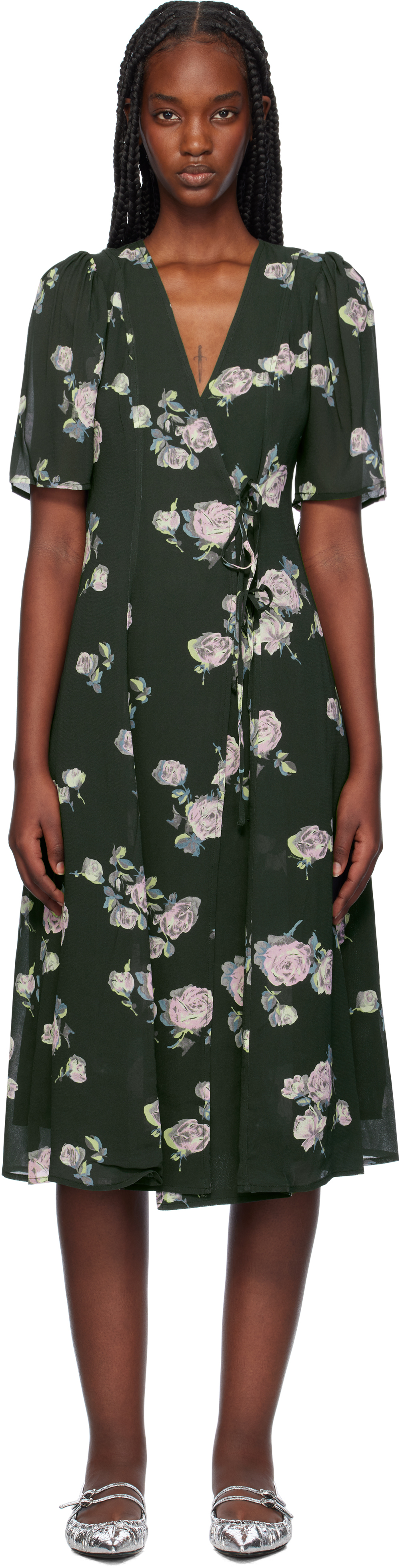 Ganni Floral-print Crepe Wrap Midi Dress In 771 Climbing Ivy